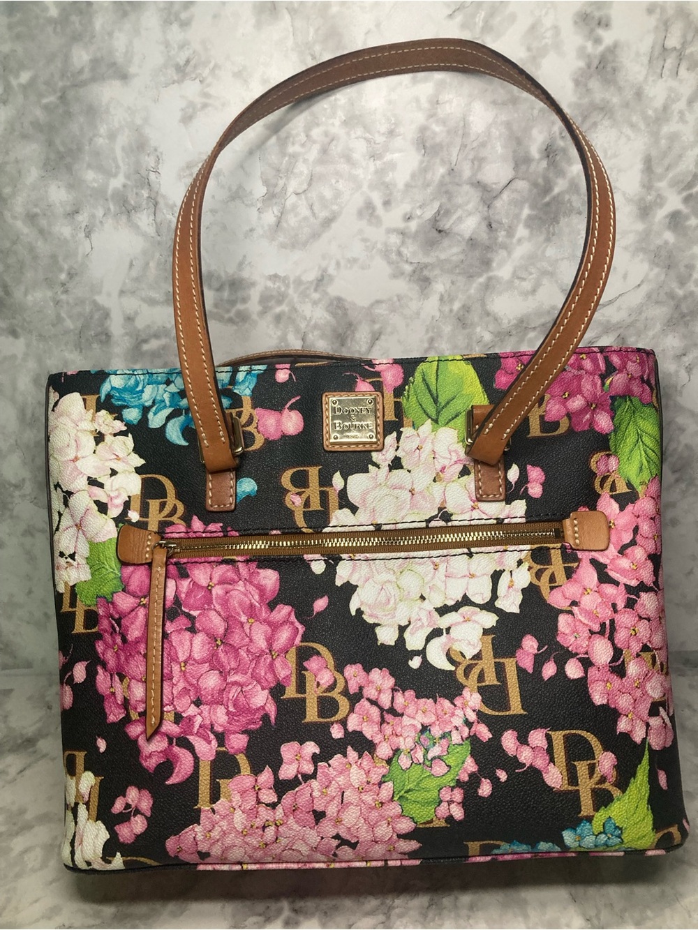 Dooney & Bourke Black Floral Hydrangea Tote with Double Handles